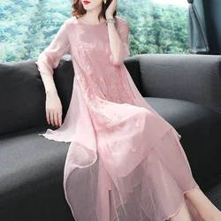 Chinese Style Cheongsam Dress Women Spring Summer Large Size Long Dresses Female Elegant Embroidered Dress Vestidos Pink White