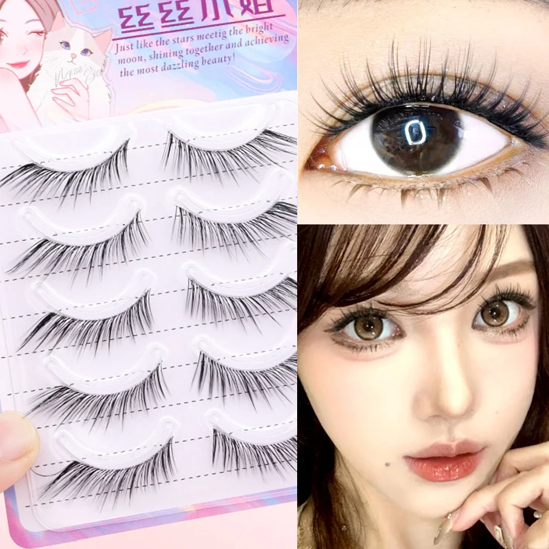 1 Juego de pestañas postizas de Anime, 5 pares de pestañas largas, maquillaje de día Natural, pestañas Manga, correa transparente, agrandar tus ojos