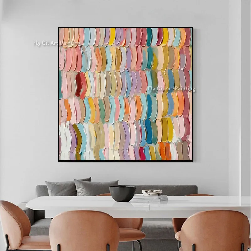 Abstract Color Stroke Canvas Painting, Bright Multicolored Thick Impasto Texture Art, Hand Painted Square Wall Art