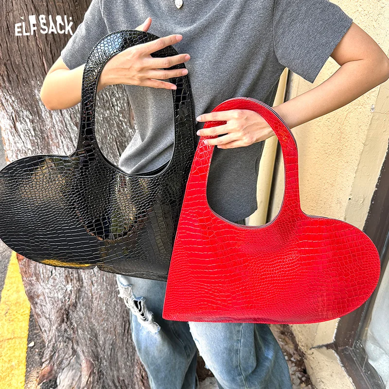 

ELFSACK 2025 Autumn New Arrival Y2K Sweet Cool Heart Shape Tote Bag Glossy Patent Leather Shoulder Bag For Woman