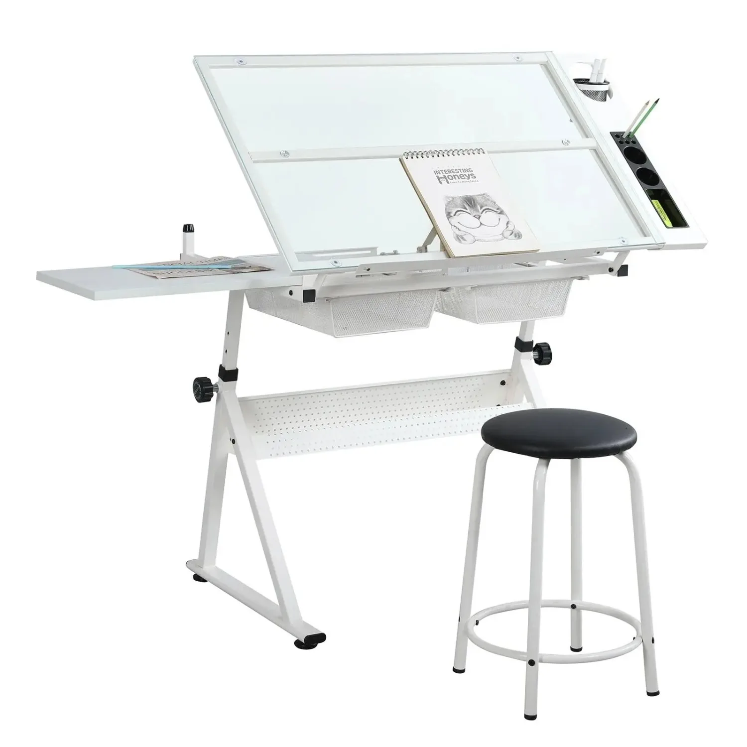 Drafting Table with Stool, Modern Adjustable Tempered Glass Printing Artwork Desk for Art Studio Home Office School
