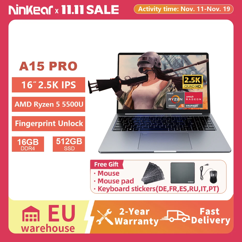 كمبيوتر محمول Ninkear A15 Pro AMD Ryzen 5 5500U 16 بوصة 120 هرتز 2560*1600 شاشة عرض 16 جيجابايت 512 جيجابايت بصمة فتح الكمبيوتر المحمول