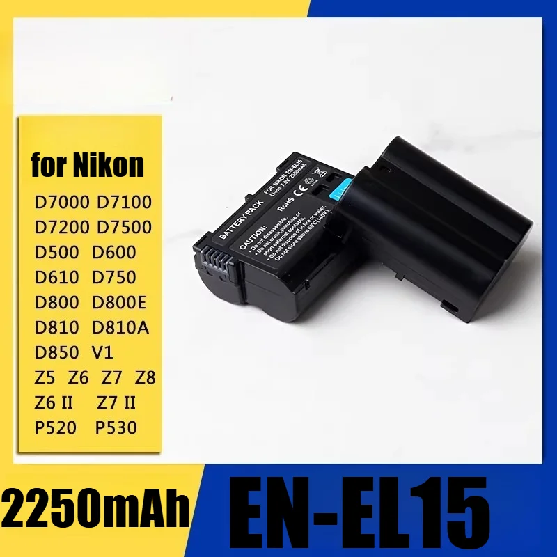 2250mAh High Capacity EN-EL15 Replacement Battery for Nikon D7000 D7100 D7200 D7500 Z5 Z6 Z7 Z8 II DSLR & Mirrorless Camera