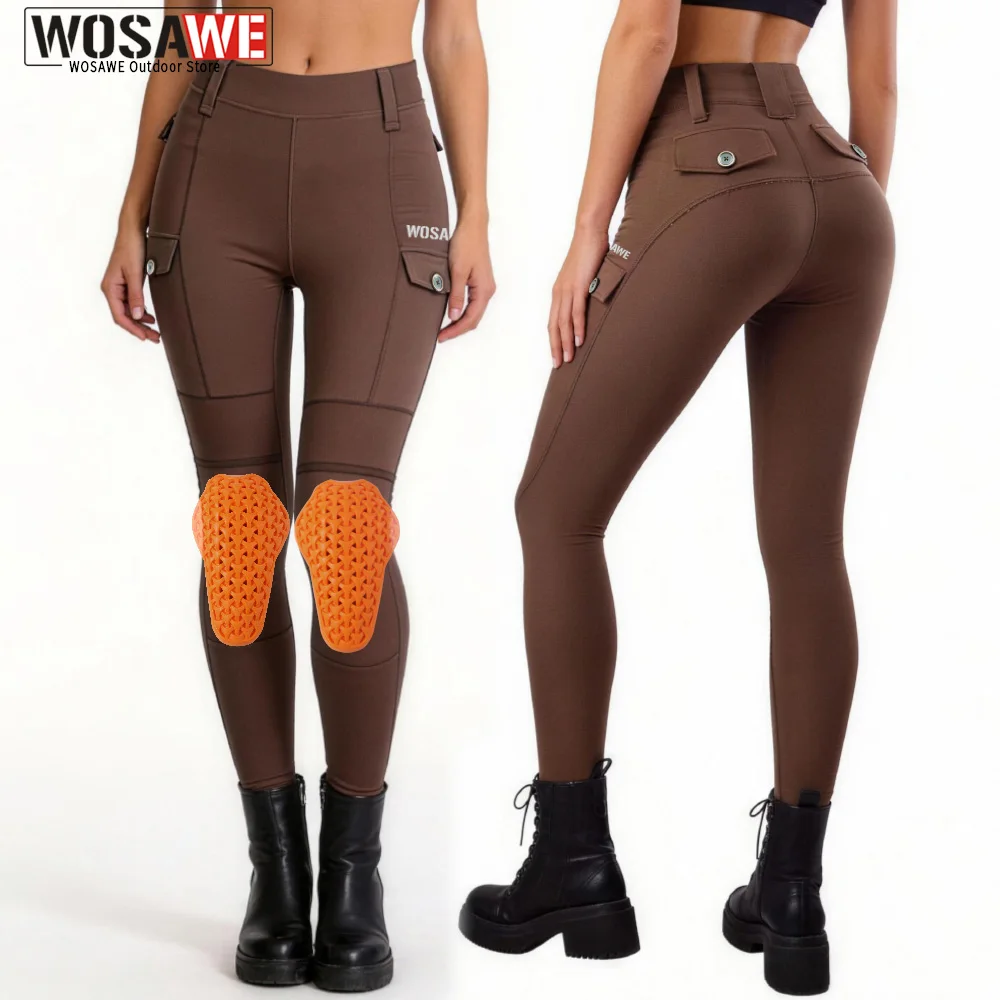 

WOSAWE Women Motorcycle Style Pants Outdoor Riding Pants Removable Knee Pads Slim Fit Motocross Fitness Trousers with Pockets
