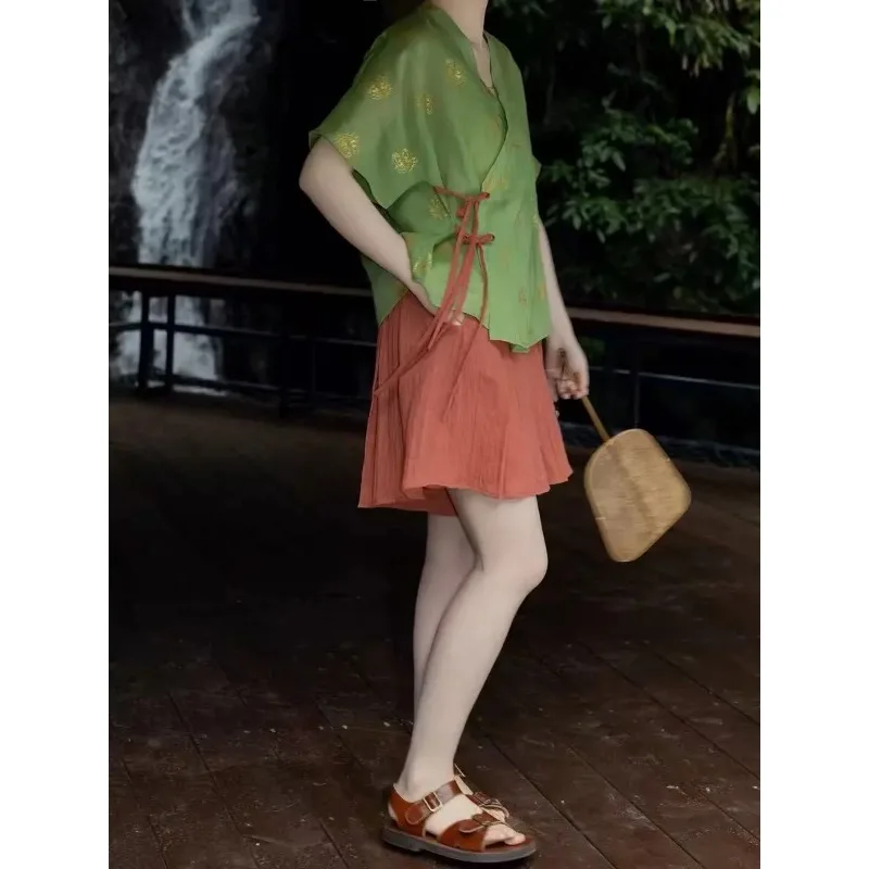 

Women Han Element Ramie Cross Wrap Top Shorts Set Summer Daily Soft Casual Hanfu Outfit