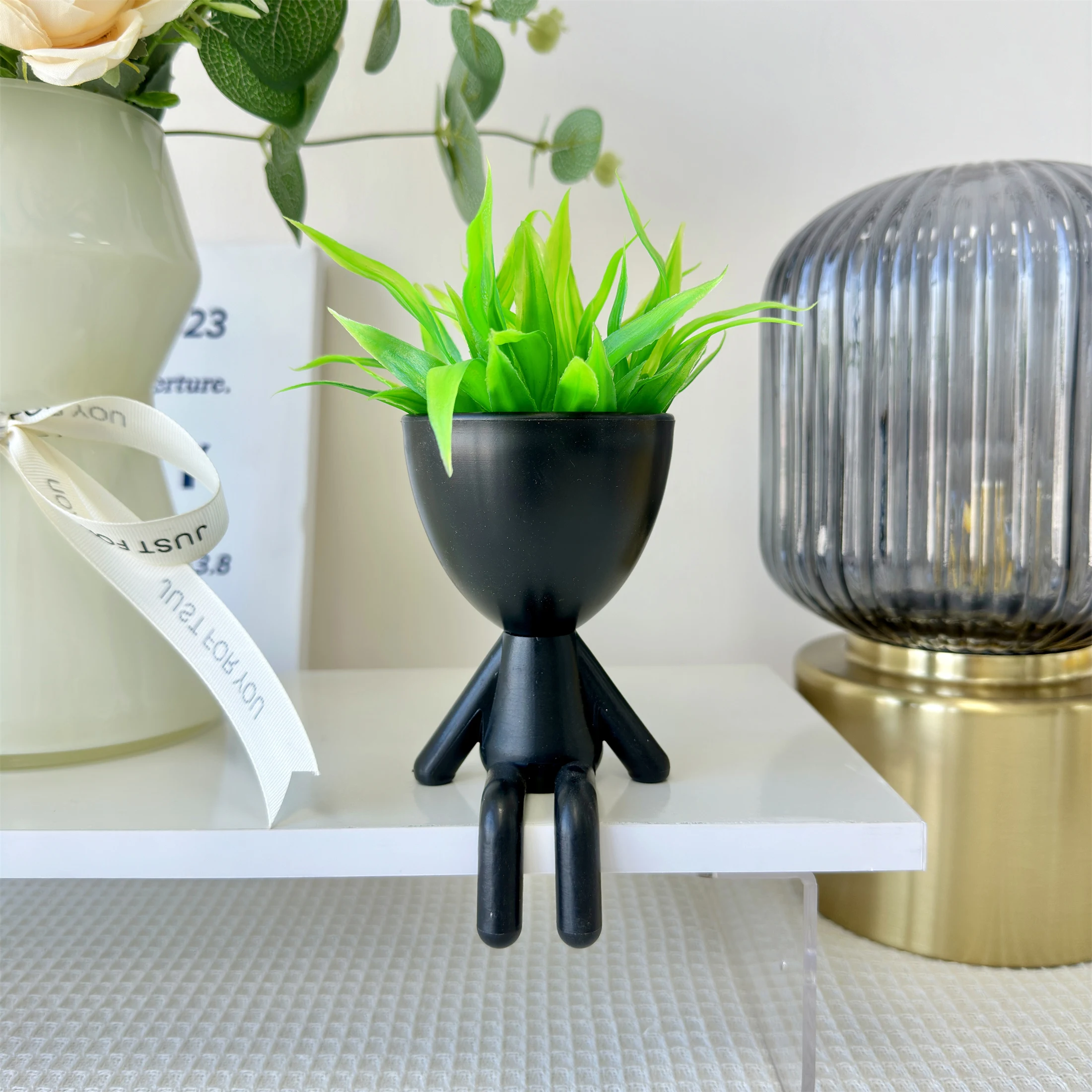 1Pc Cute Succulents Plants Artificial Plants with Human Shaped Plastic Pots, Fake Plants for Shelves, Bathroom and Office Decor