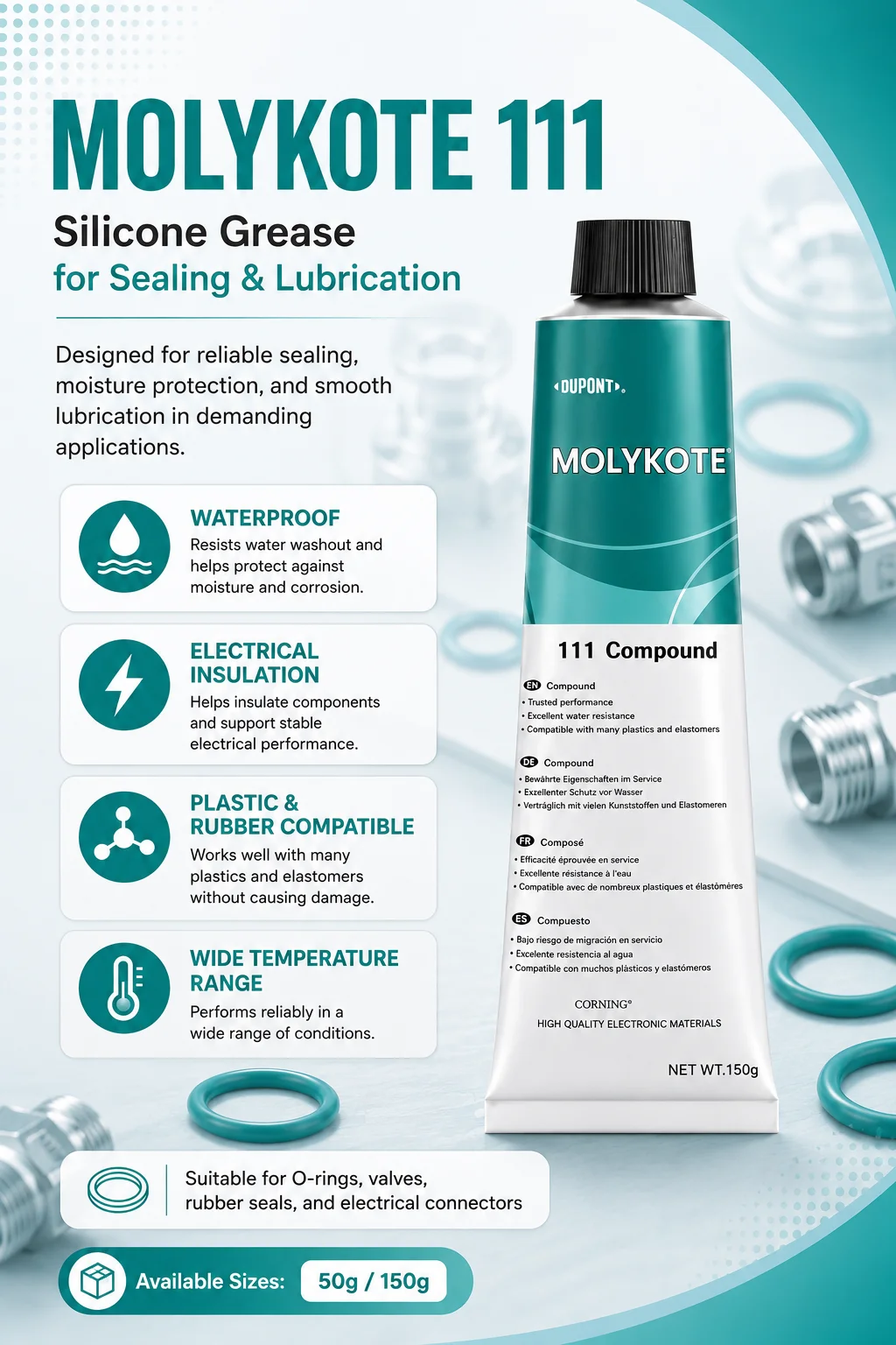 Original Molykote 111 Silikonfett Wasserdichtes Dichtmittel für O-Ringe Ventilschmiermittel 50g 150g – Detail 1