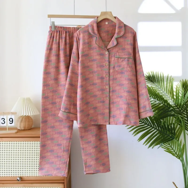 Pijamas Retro de Jacquard de doble cara para mujer, ropa de casa de hilo fino de algodón, pantalones de manga larga, pijamas de talla grande