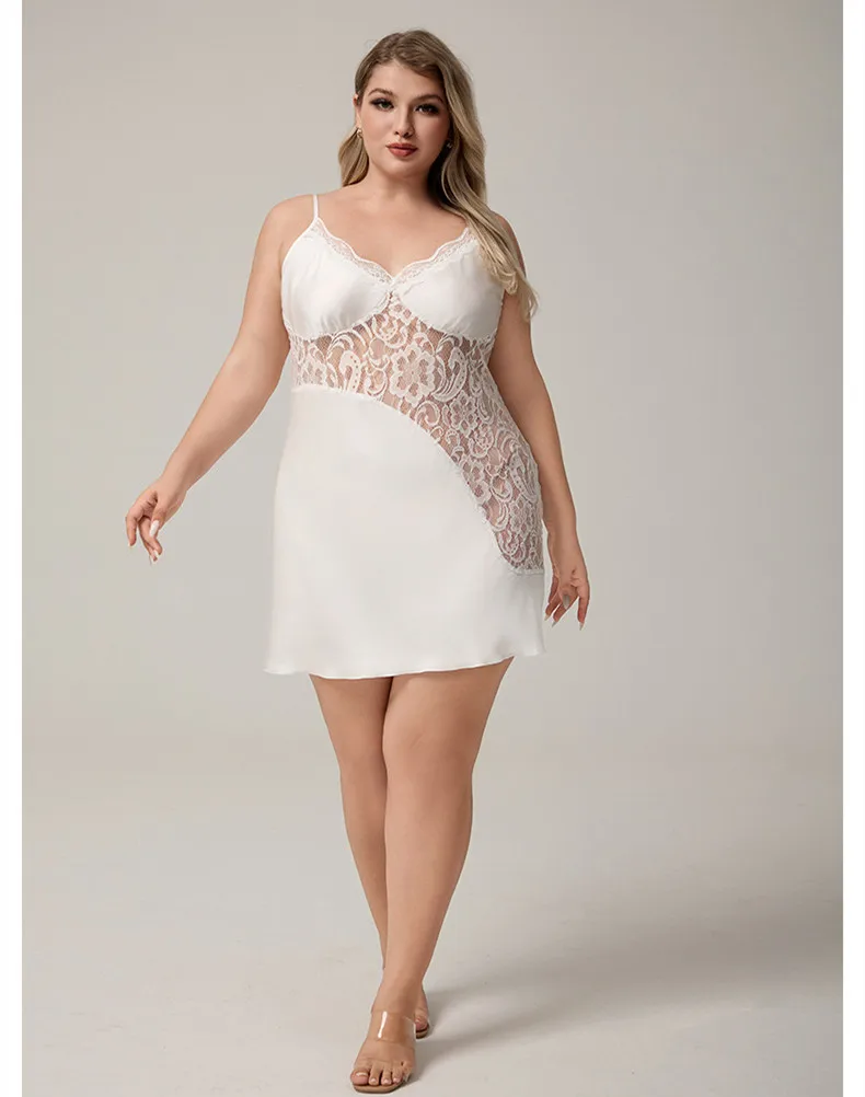

Sexy White Short Nightgown Spaghetti Sling Satin Nightdress Women Homewear Lace Patchwork Sleepwear