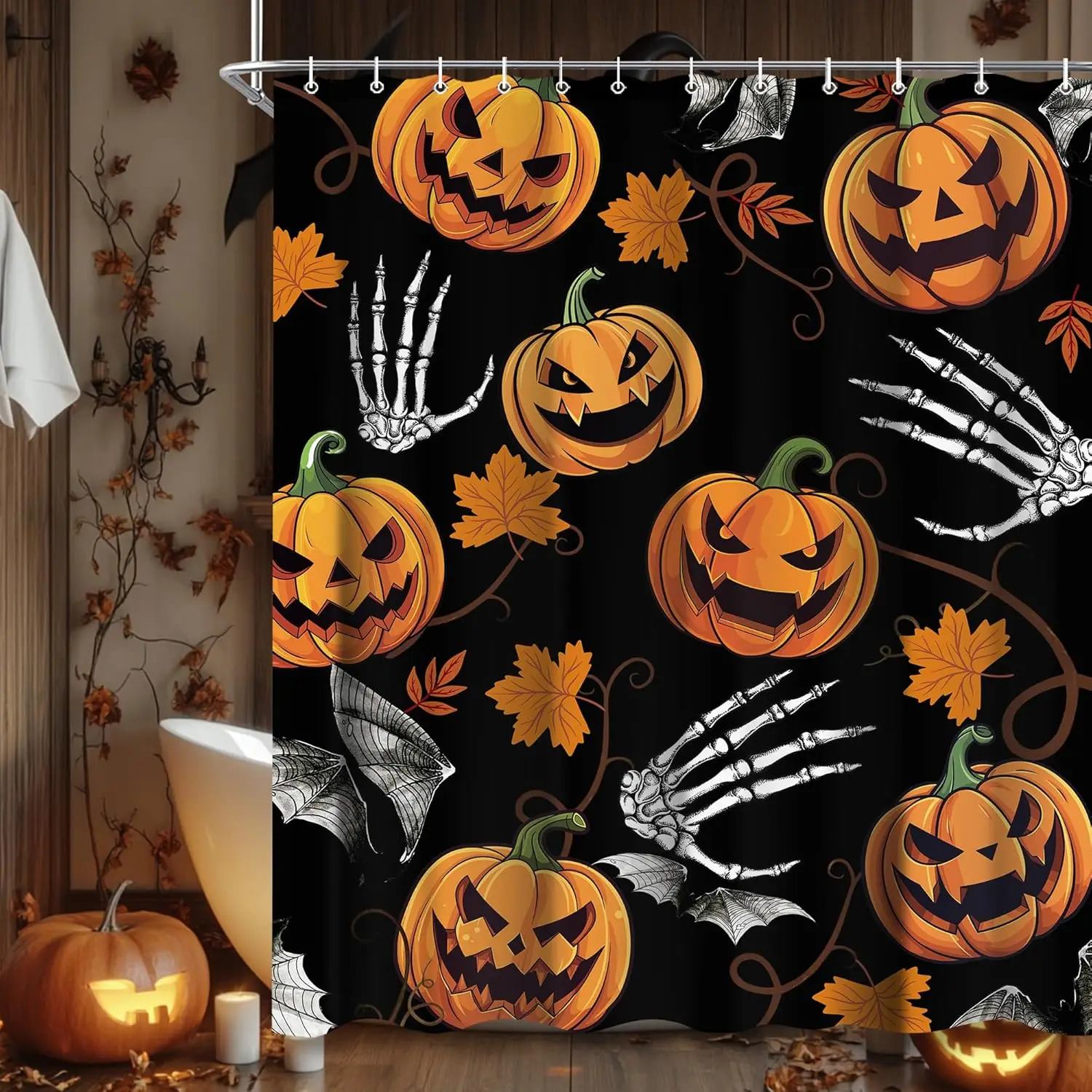 

Занавеска для душа с черепом на Хэллоуин для ванной комнаты, тыква, кленовые листья, осенняя занавеска для ванны, декор