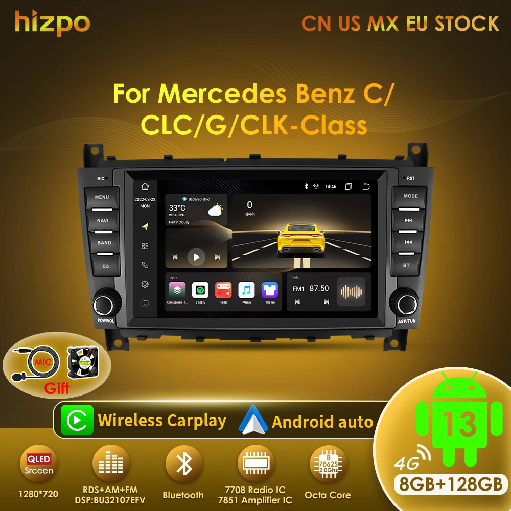 Hizpo 차량용 라디오 GPS 멀티미디어 플레이어, 메르세데스 벤츠 W203, W209, C 클래스, C180, C200, CLK200, 스테레오 DSP BT용, 8 인치, 2 Din, 안드로이드 13