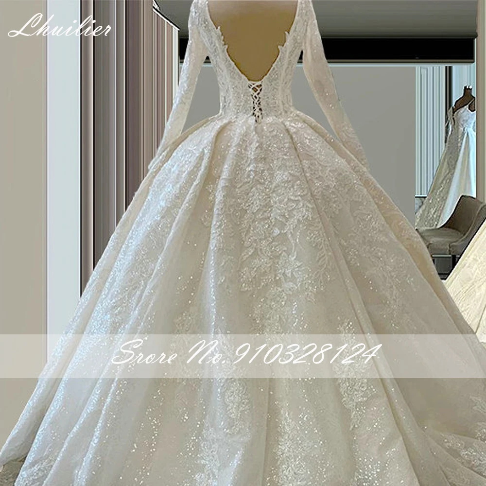 Lhuilier elegante scollo a V a-line abiti da sposa in pizzo maniche lunghe Glitter Tulle V Back abito da sposa con strascico