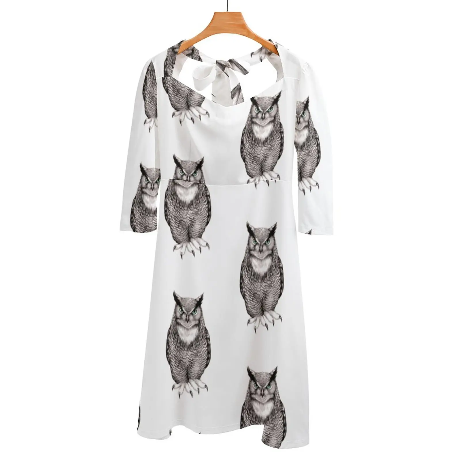 Horned Owl Back Lacing Backless Dress Women Kawaii Square Collar Dress 6Xl Owl Horned Owl Watercolour Bird Feather Night Moon