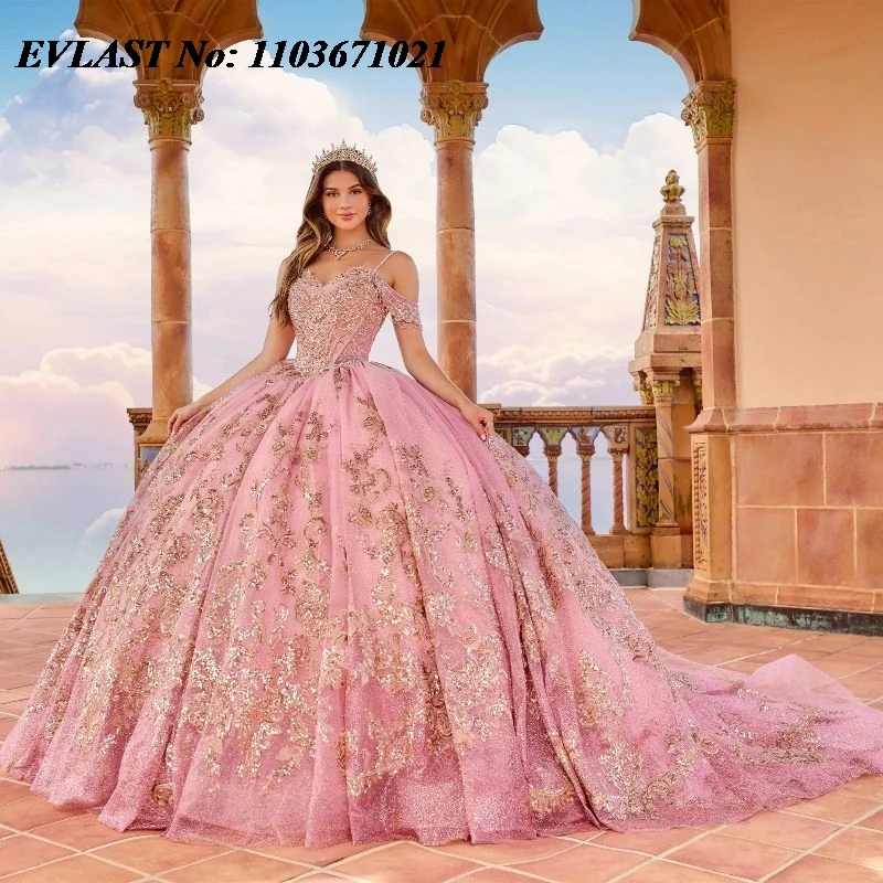 

EVLAST Customized Pink Quinceanera Dress Ball Gown Gold Lace Applique Beading Corset Sweet 16 Vestidos De XV 15 Anos SQ47