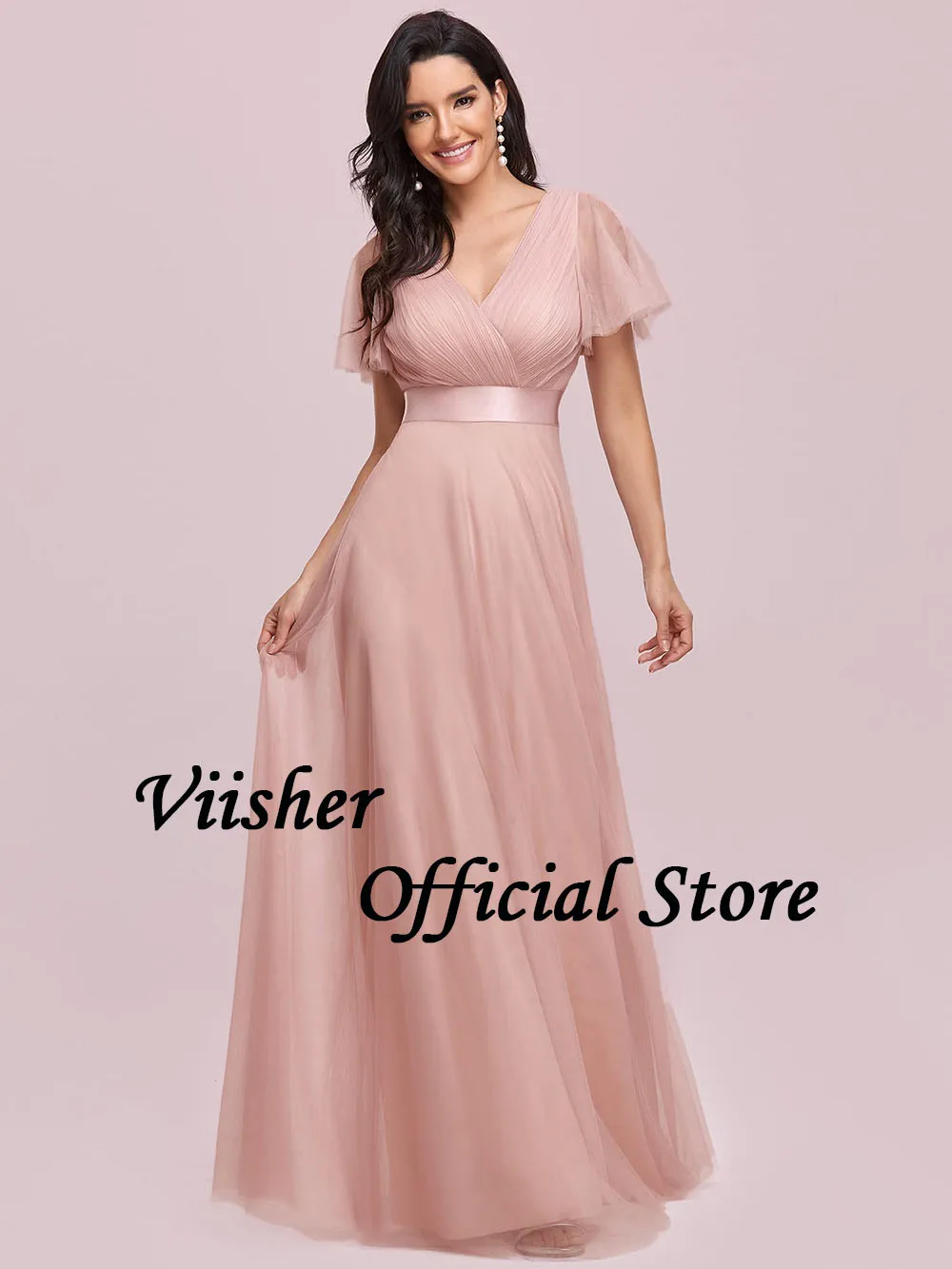 Viisher Pink Chiffon A Line Bridesmaid Dresses Short Sleeve V Neck Floor Length Bridesmaid Dress Lace Up Back