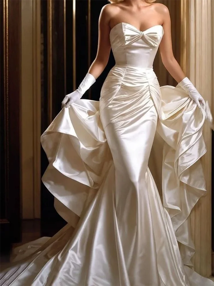 클래식 연인 민소매 새틴 주름 분리형 인어 신부 웨딩 드레스 신부 가운 맞춤형