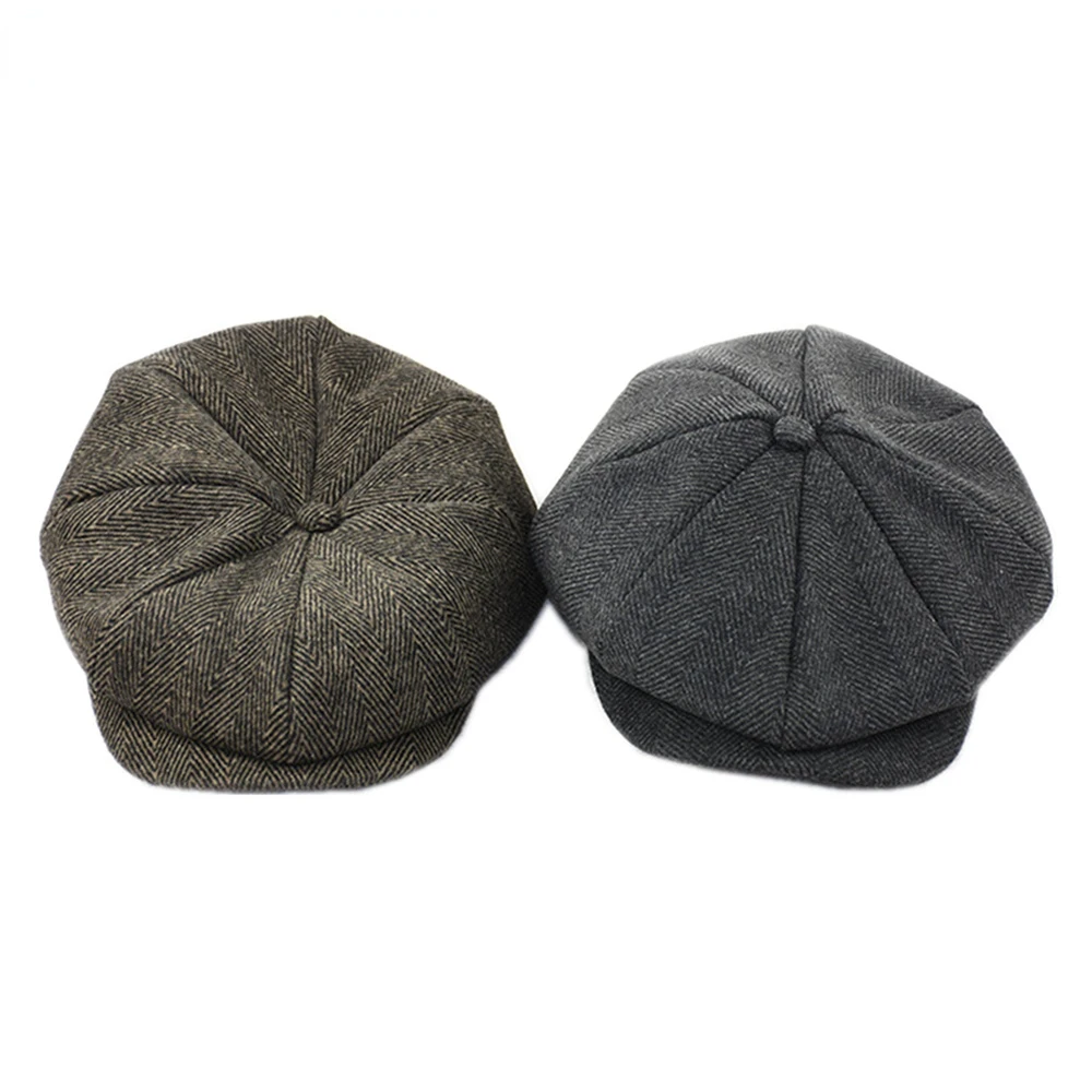 NEWSBOY Wool Mens Hats Vintage Herringbone Flat Cap Woolen Autumn Winter Male Beret Hat Black Coffee