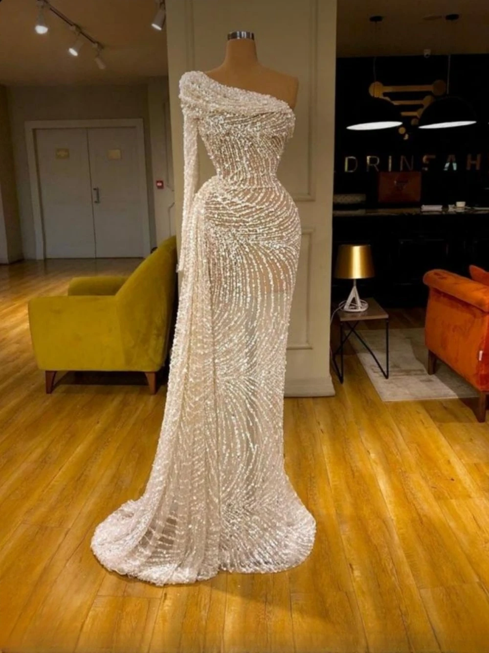 Exquisite One Shoulder Evening Dress Luxury Sparkly Mermaid Bride Robe Vintage Floor-length Customized Prom Vestidos De Novia