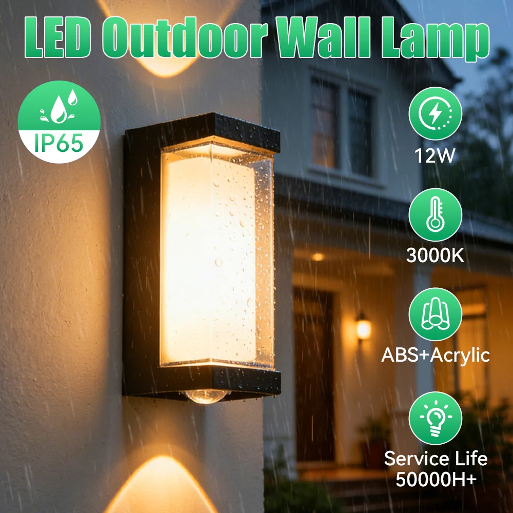 12W Dual-Sided Outdoor Wall Light IP65 Waterproof Warm White High Brightness 85-265V Wall Lamp for Porch Stairs Garden Patio
