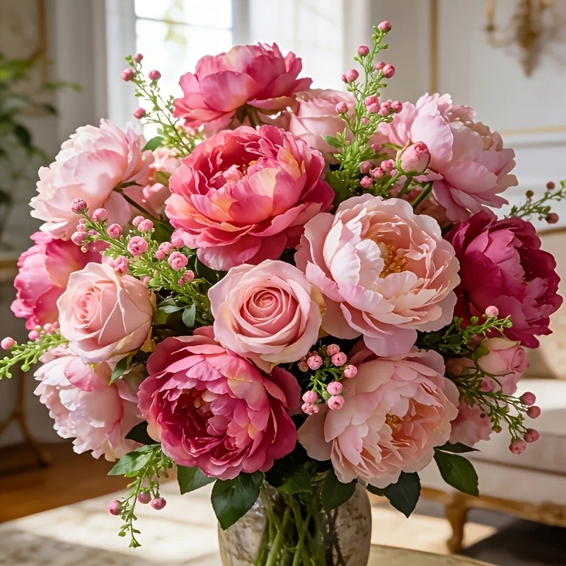 18 Flowers = 2-Pack of Artificial Peonies, High-End Realistic Artificial Peony Bouquets with Three-Dimensional Full Blooms, Maintenance-Free and Non-Wilting, Bridal Bouquets, Wedding and Engagement Decorations, Living Room Home Decor, Spring Floral Arrangements, Birthday Party and Gathering Decorations | Valentine's Day High-Quality Holiday Artificial Flowers, Peony Greenery, Persian Wedding Decoration, High-Quality Fake Flowers