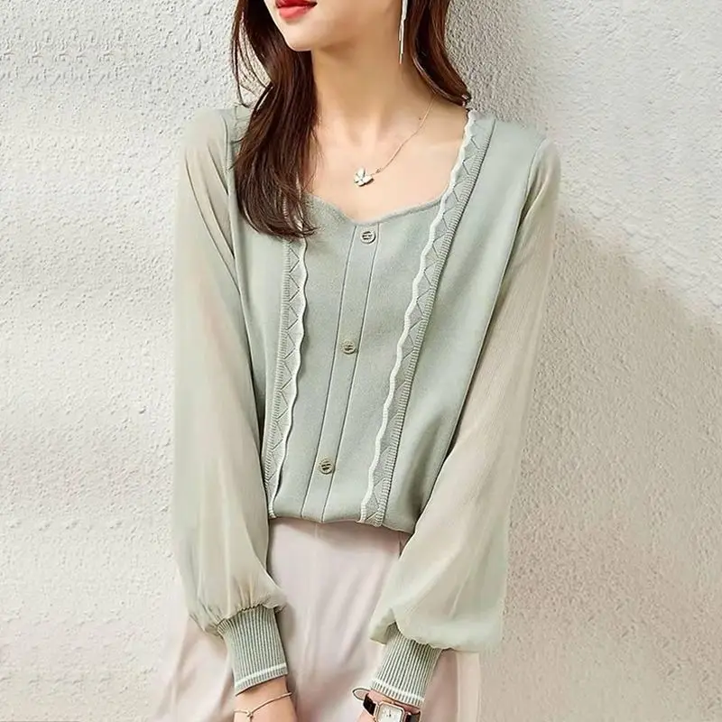 Elegant O-Neck Button Knitted Spliced Gauze Blouses Women\'s Clothing 2024 Autumn New Loose All-match Tops Office Lady Shirts