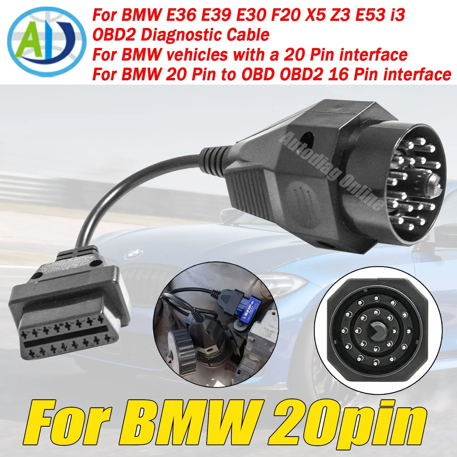 

For BMW 20pin to 16pin OBD2 Connector Scanner For BMW E39 E38 E53 X5 Z3 E36 E46 Series Car OBD2 Diagnostic Adapter Cable For BMW