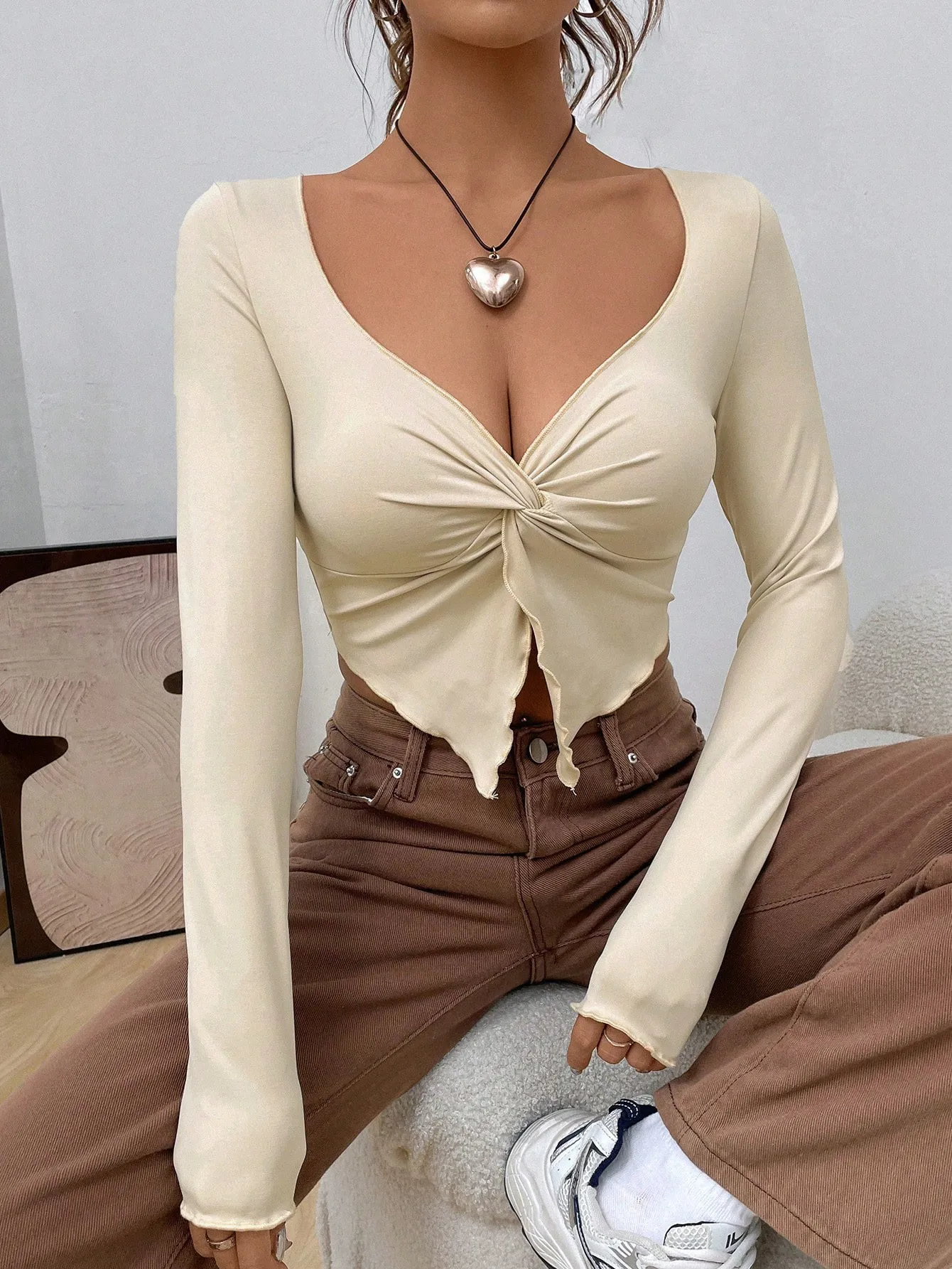 Ropa de otoño invierno para mujer, suéter ajustado con cuello en V, tejido trenzado, estilo Y2K, sexy, corto, de manga larga, para damas, poliéster