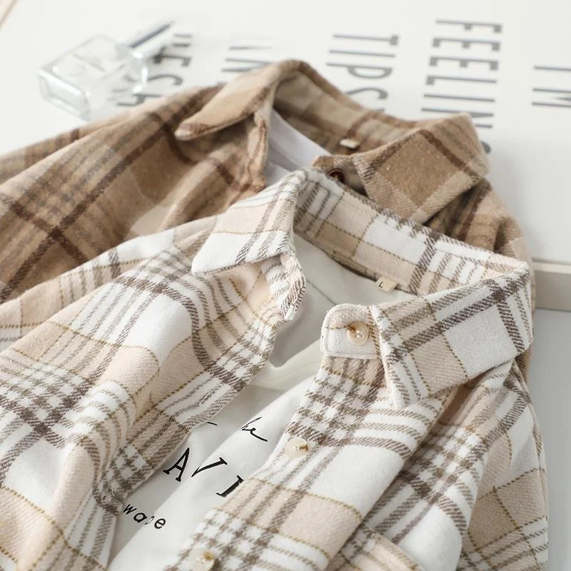 Thickened Plaid Woolen Coat Women's Long Sleeve Shirt Jacket Collar Button Design Fashionable Short Outerwear