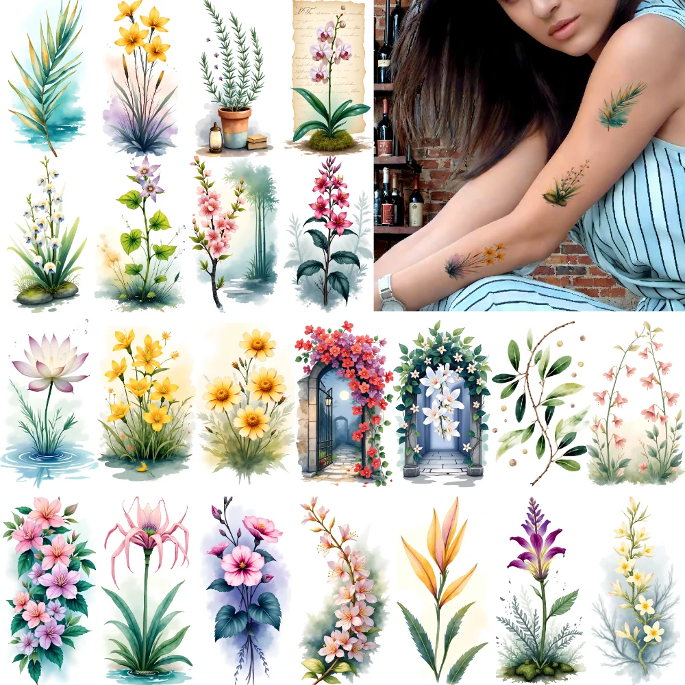 

9pcs Temporary Tattoo Floral Patterns Watercolor Botanical Illustrations Temporary Tattoo Stickers For Shoulders Ladies Girls