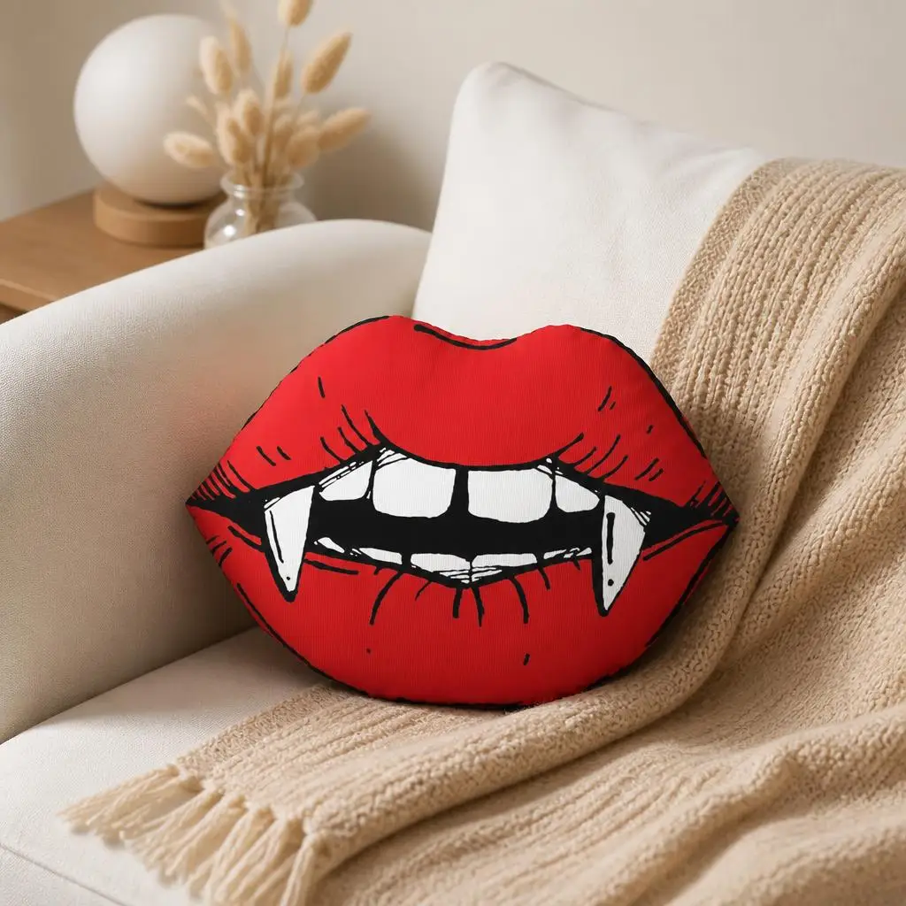 Vampire Fangs Crimson Lips Irregular Plush Pillow Halloween Throw Cushion Horror Home Decor Spooky Sofa Accent Party Gift
