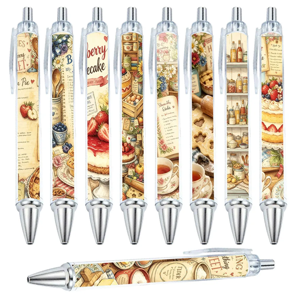 9/15 Stück Vintage-Kugelschreiber mit Bäckereirezept-Muster – Schreibwaren im Food-Sketch-Stil – zufällige Muster