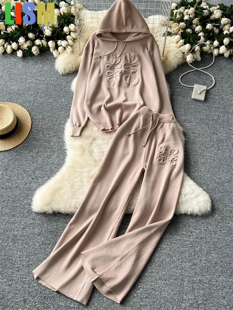 

LISM Women's tracksuit Winter Knitted Sets Women Long Sleeve 3D Texture Solid Hoodies+Drawstring Long Pants Fashion 2pcs Suits
