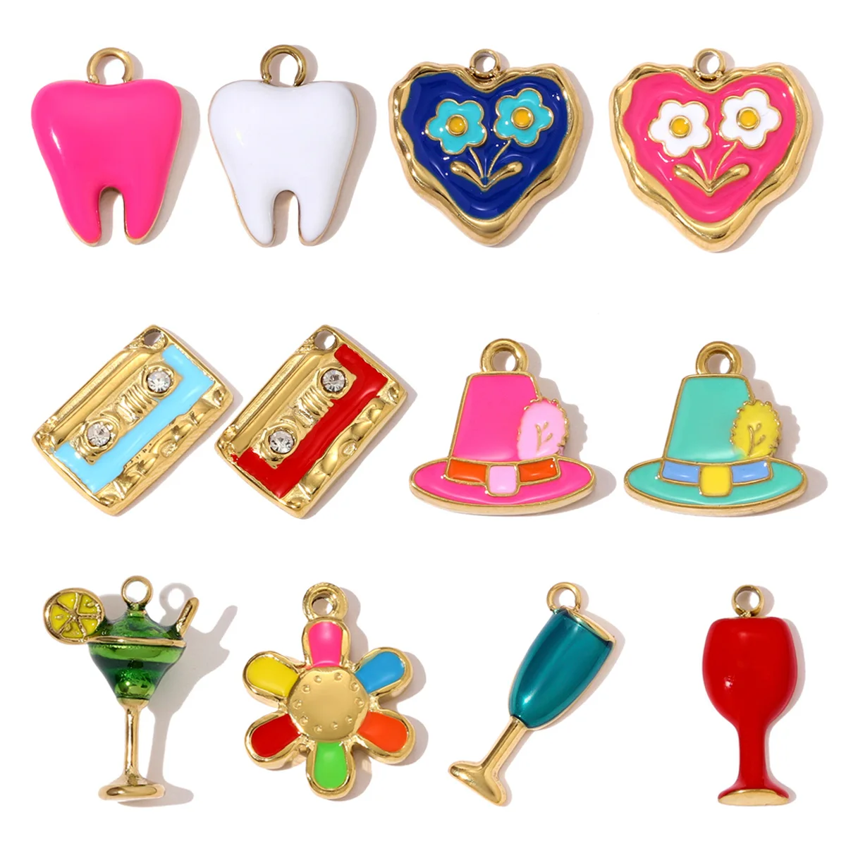 3 Stück/Set Edelstahl Emaille Zahn-Hut DIY Anhänger Strass-Band Cocktailglas Kelch Halskette Anhänger Damen Blumen Schmuck