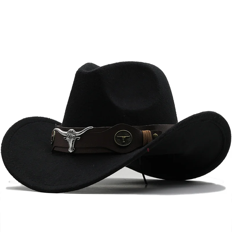 

New Wome Men Black Wool Chapeu Western Cowboy Hat Gentleman Jazz Sombrero Hombre Cap Dad Cowgirl Hats Size 56-58cm