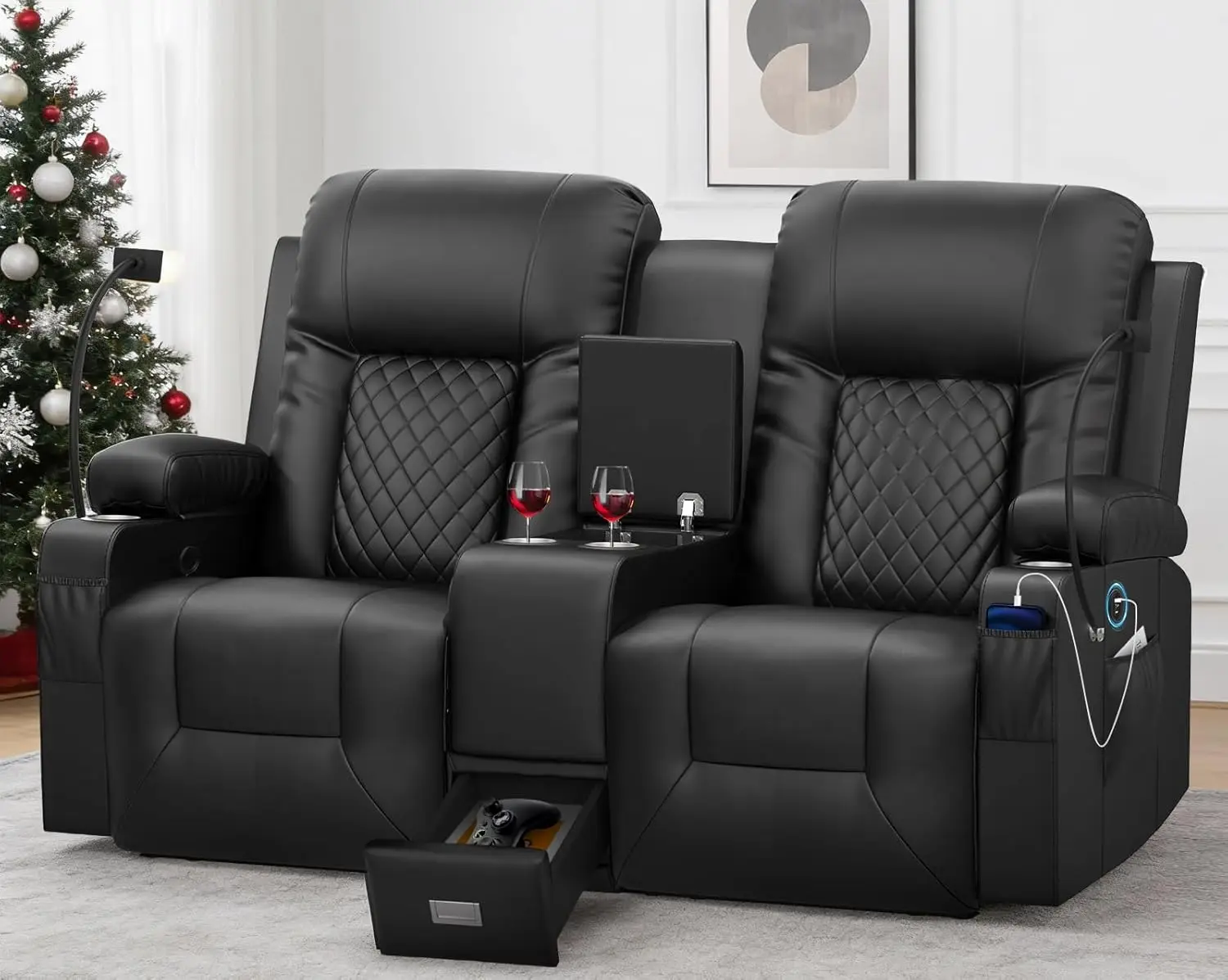 Large Loveseat Recliner, Loveseat Recliner Sofa with Storage Console, Recliner Chair with USB Ports, 2 Cell Phone, Customized