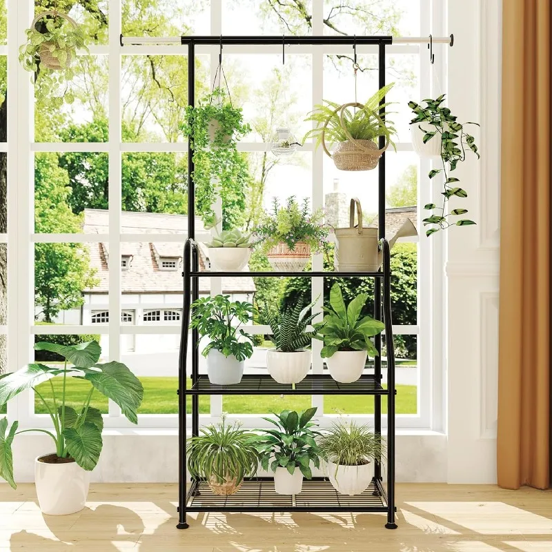 Plant Stand Indoor Outdoor, Heavy Duty Metal 3 Tiered Hanging Plant Shelf for Multiple Flower Planter Holder Tall Large Rack