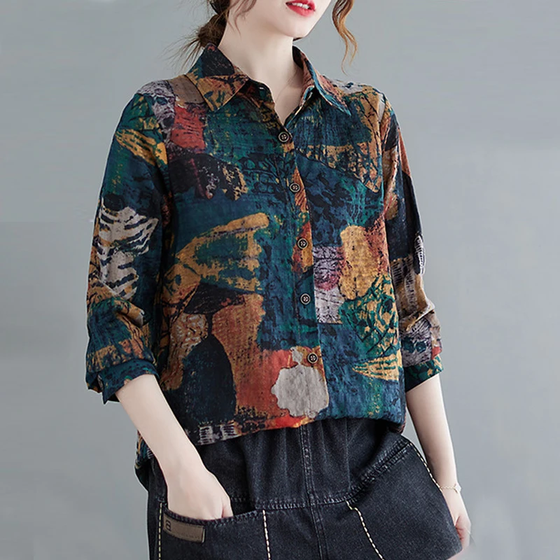 

Johnature Vintage Painted Long Sleeve Turn-down Collar Women Blouses 2024 Spring New Casual Loose Floral Shirts