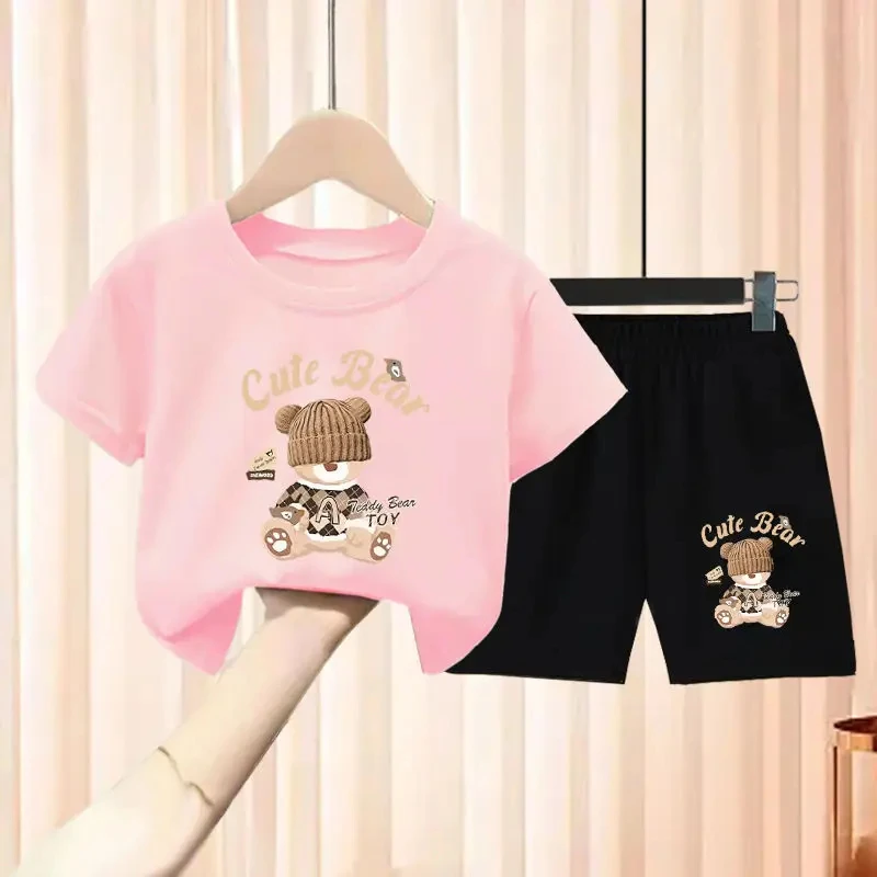 Baby Girl Summer Short Sleeve Clothes Set Children Boy Cartoon Bear Printed T-shirts and Shorts 2pcs Suit Kid Top Bottom Outfits