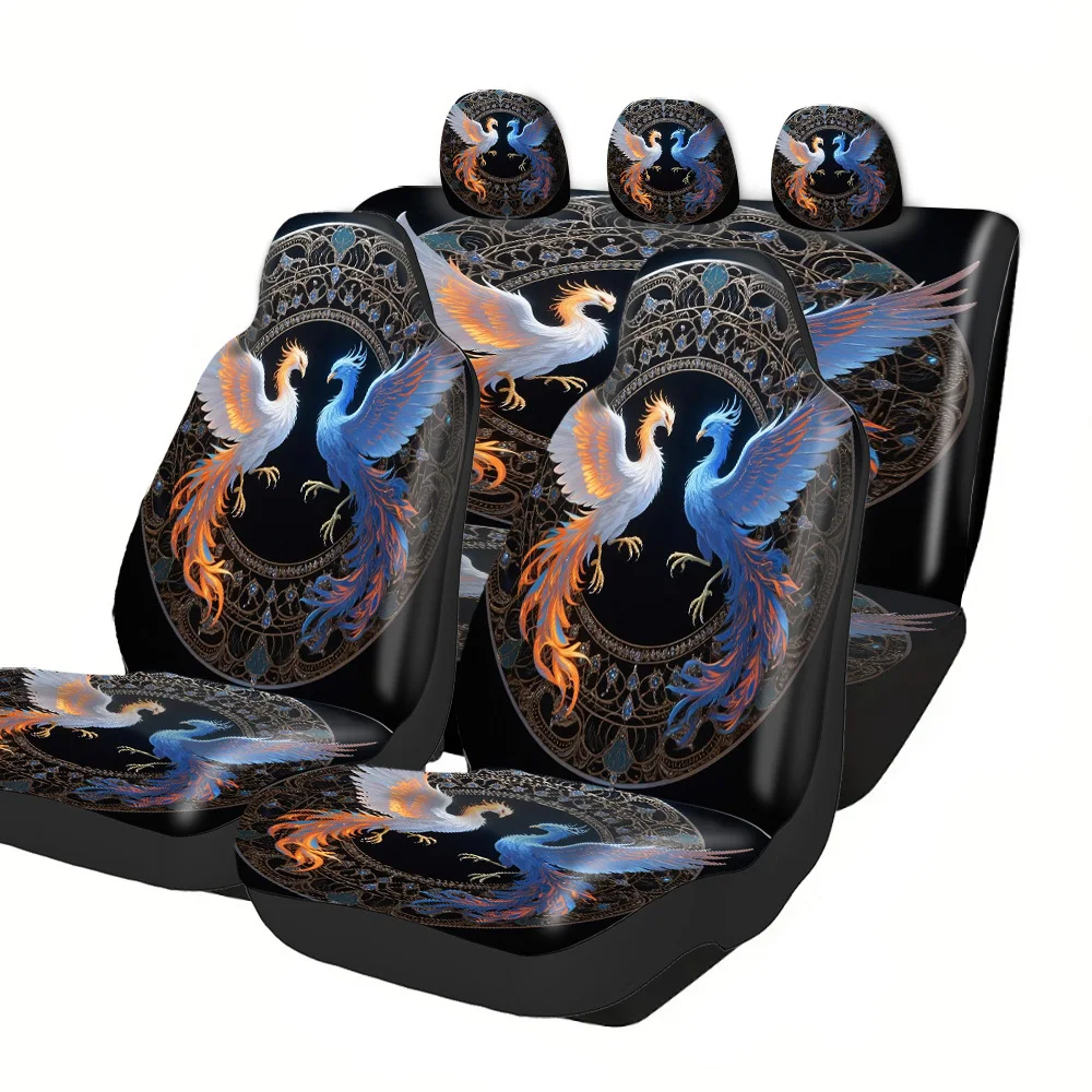 Stylish Car Seat Covers Featuring A Circular Design With Two Phoenixes, Perfect For Halloween, Christmas, New Year, And Easter.