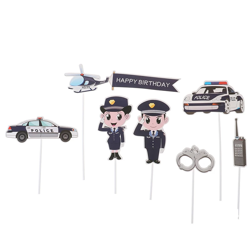 PRECUT Cartoon Police Car Plane Handcuffs Birthday Cupcake Toppers Decorations view 3