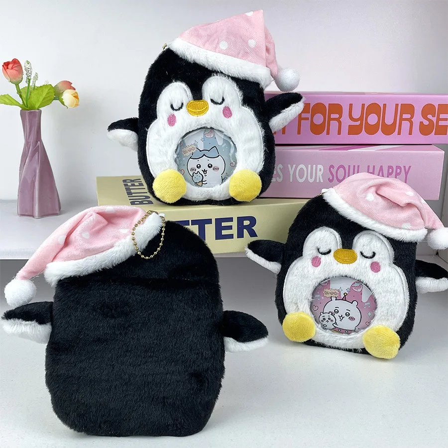 10pcs Cute penguin cartoon nightcap plush card box keychain card holder kawaii photo card display sleeve bag pendant gift