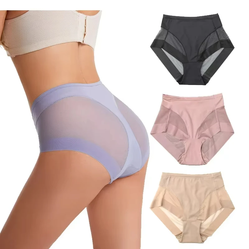 Women High Waist Briefs Seamless Panties Transparent High Elastic Tummy Control Shapewear Ice Silk Butt Lifter Lingerie