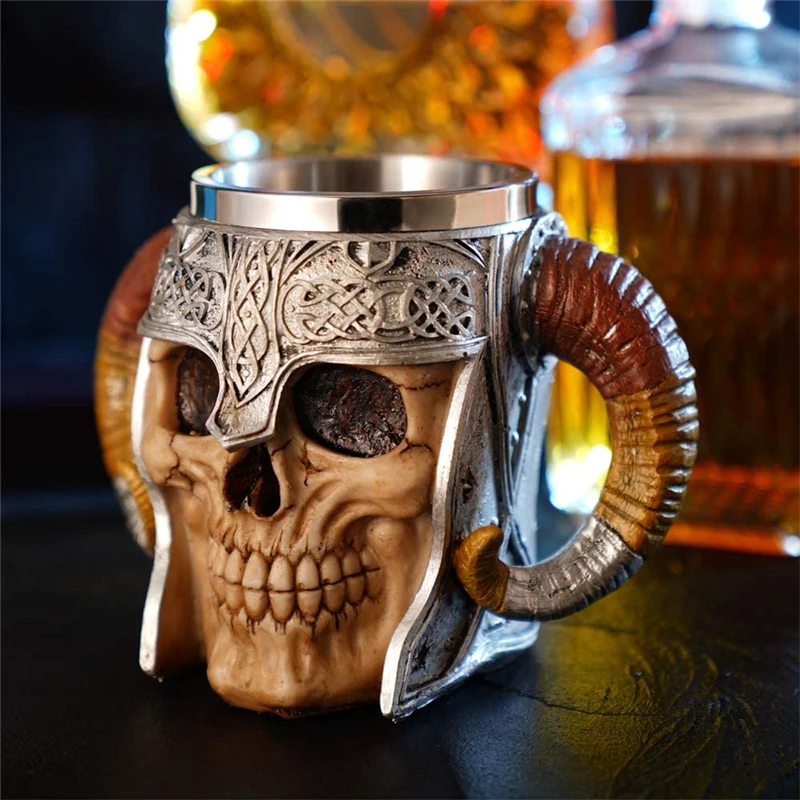

600ml Viking Skull Mug Stainless Steel Coffee Mugs Travel Cup Horn Drinking Tea Mug Halloween Mug Decoration Ceramic Tiki Mug