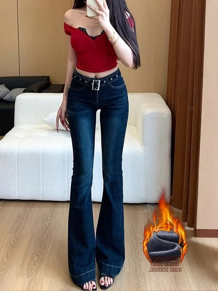 

Женские джинсы-клеш с низкой посадкой и флисовой подкладкой, облегающие, осенне-зимние, больших размеров, эластичные, расклешенные брюки для коррекции фигуры