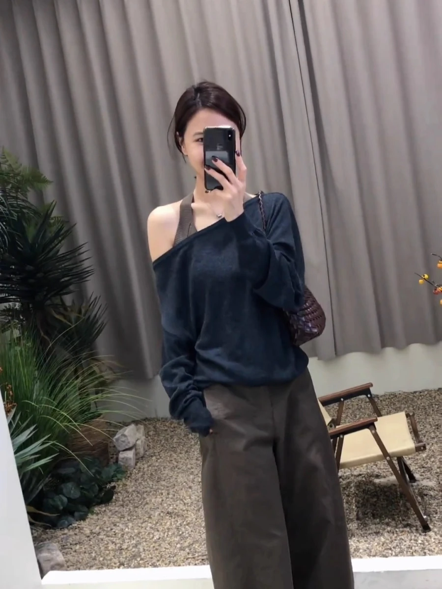 

Свободный корейский вязаный свитер с открытыми плечами для женщин больших размеров, повседневный топ с длинными рукавами, модная одежда для ранней осени