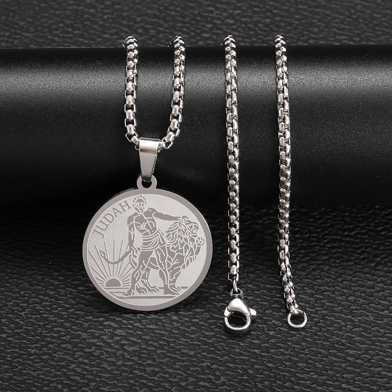 Stainless Steel Kingdom of Judah Lion Coin Pendant Necklace Men Women Israel Hanukkah Faith Memorial Jewelry Gift