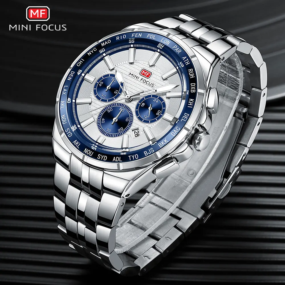 MINI FOCUS Fashion Casual Quartz Watch for Men Multifunction Wristwatch with Luminous Hands Steel Band Chronograph Calendar Date