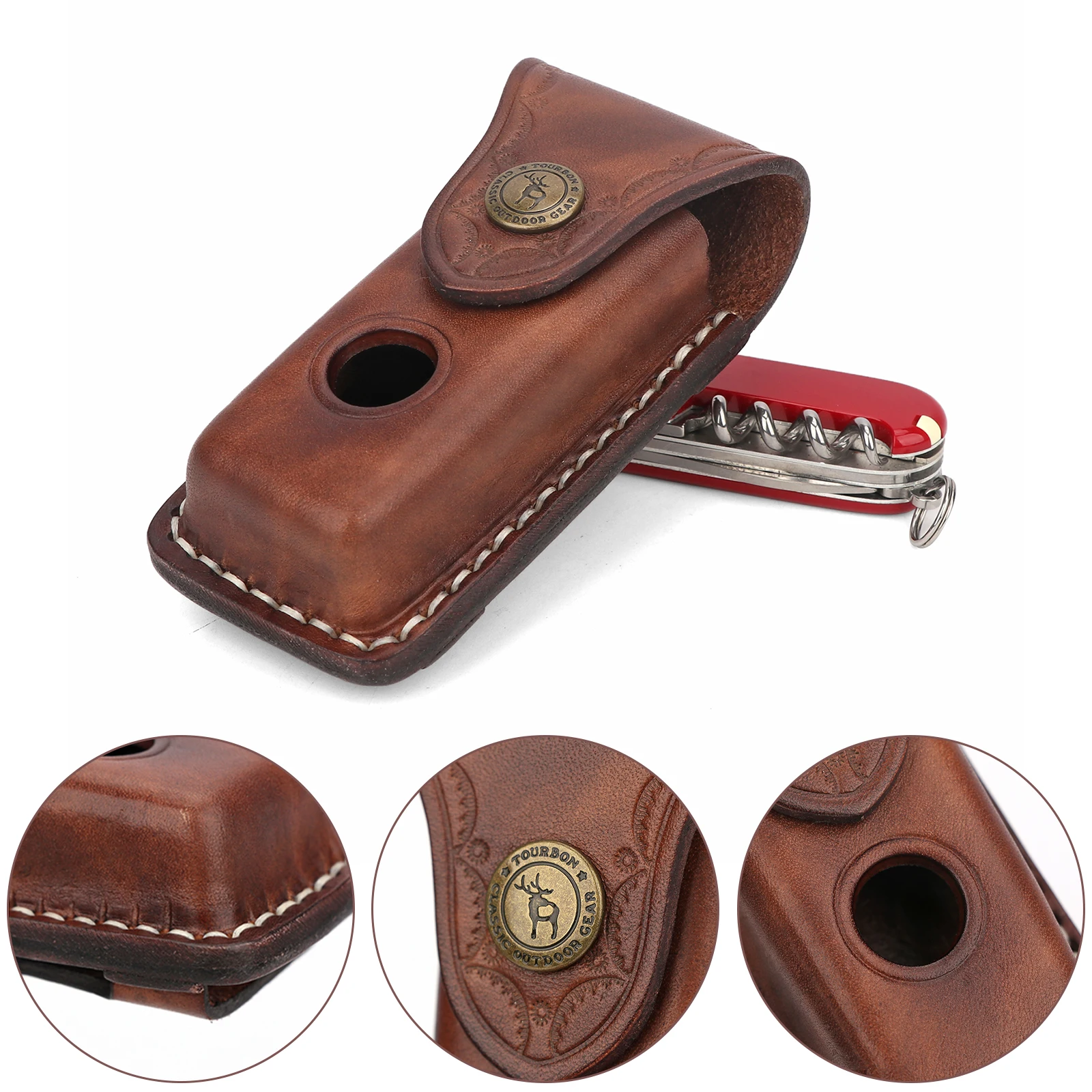 Tourbon EDC Leather Pocket Knife Sheath, 3.8 Inch Blade Carrier Holster, Horizontal Vertical Belt Carry, Flashlight Holder