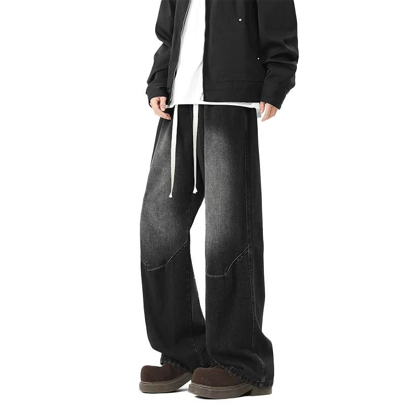 Celana Jeans Pria Model Vintage Amerika, Warna Solid, Kasual Trendy, Kaki Lebar, Longgar, Lurus, Dasar Sederhana
