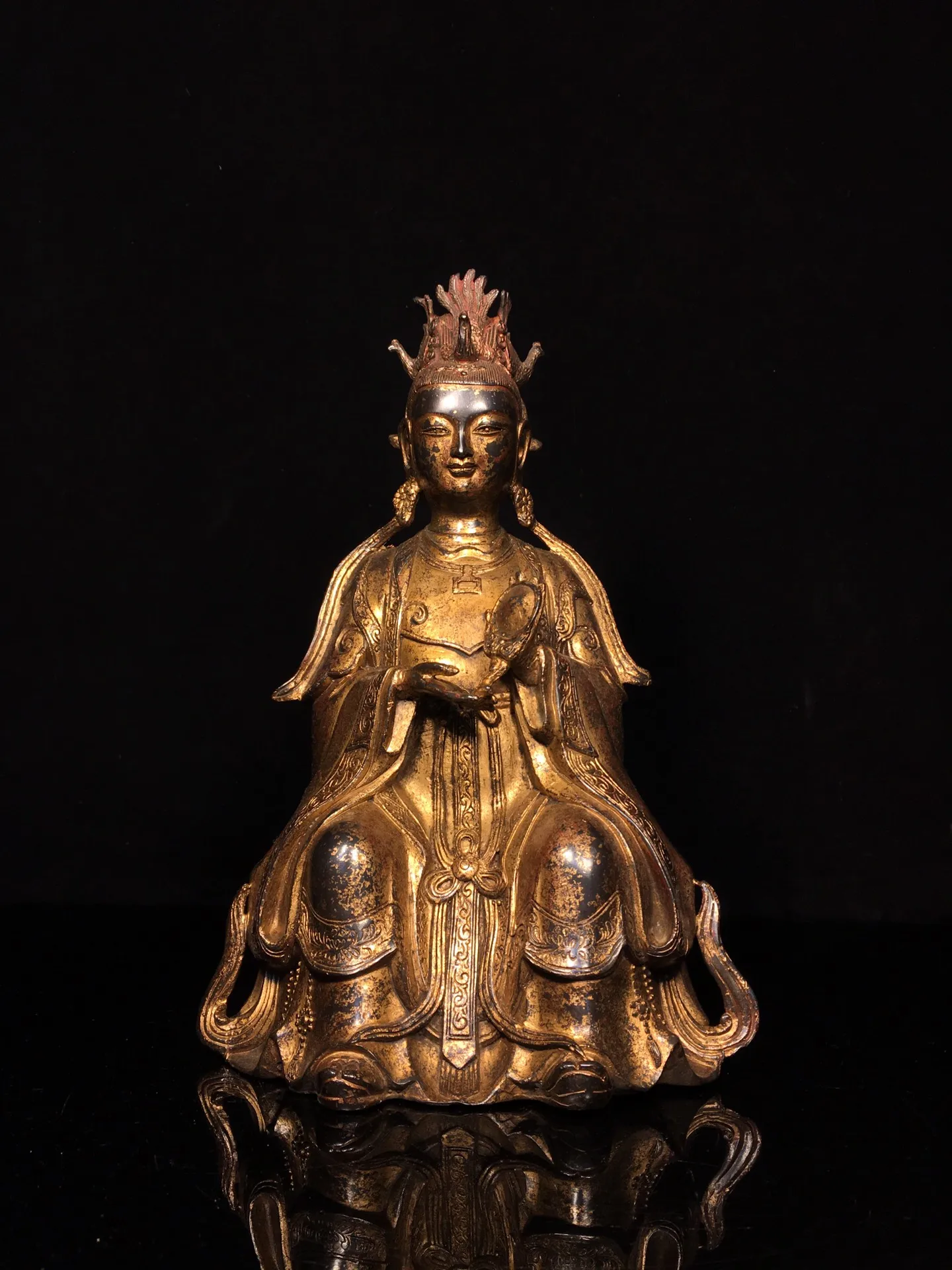 

11"Tibetan Temple Collection Old Bronze Gilded Cinnabar Queen Mother of the West Taoist Goddess Sitting statue Worship Hall